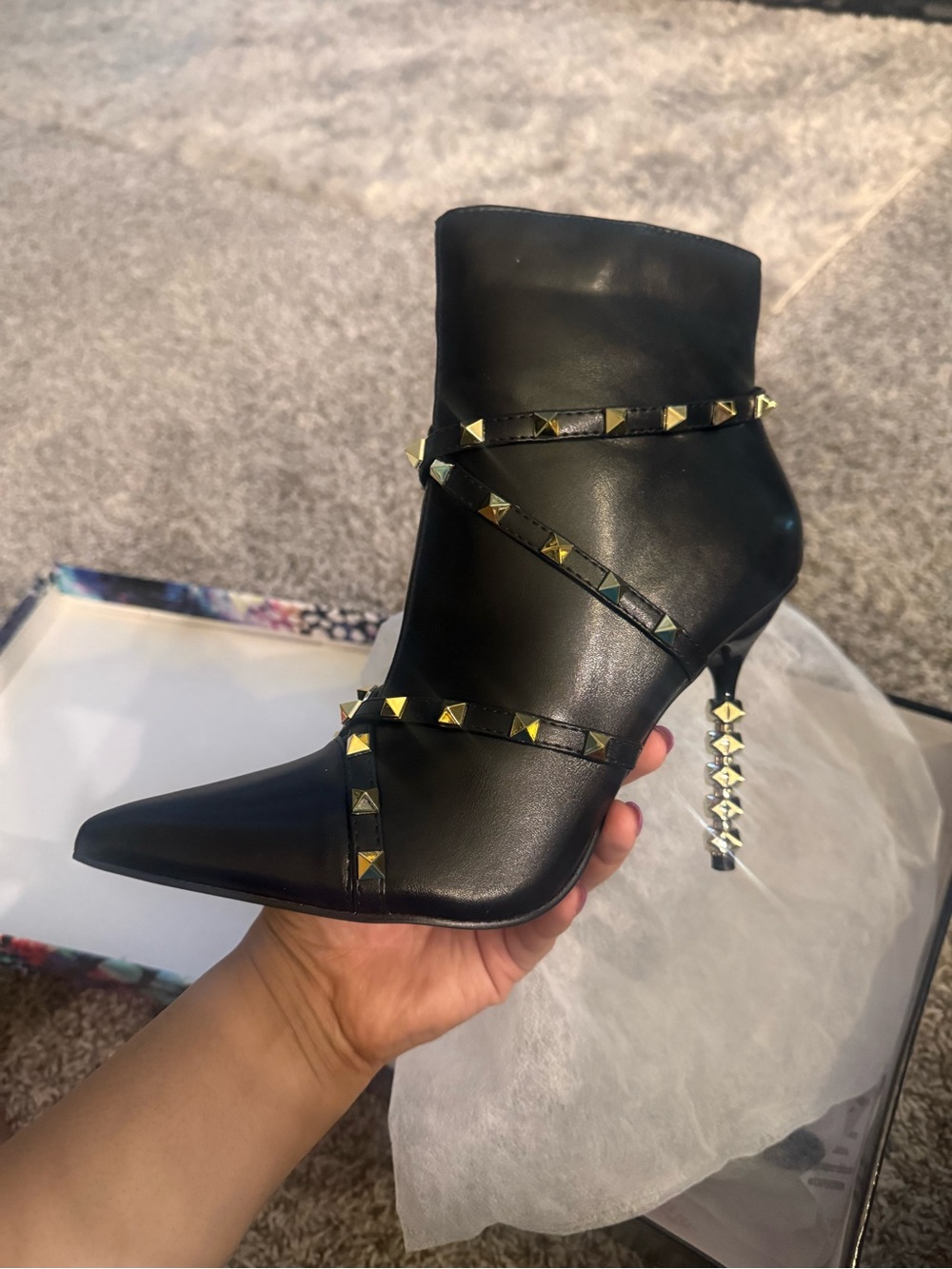 Women's Black Studded Pointed-Toe Ankle Boots